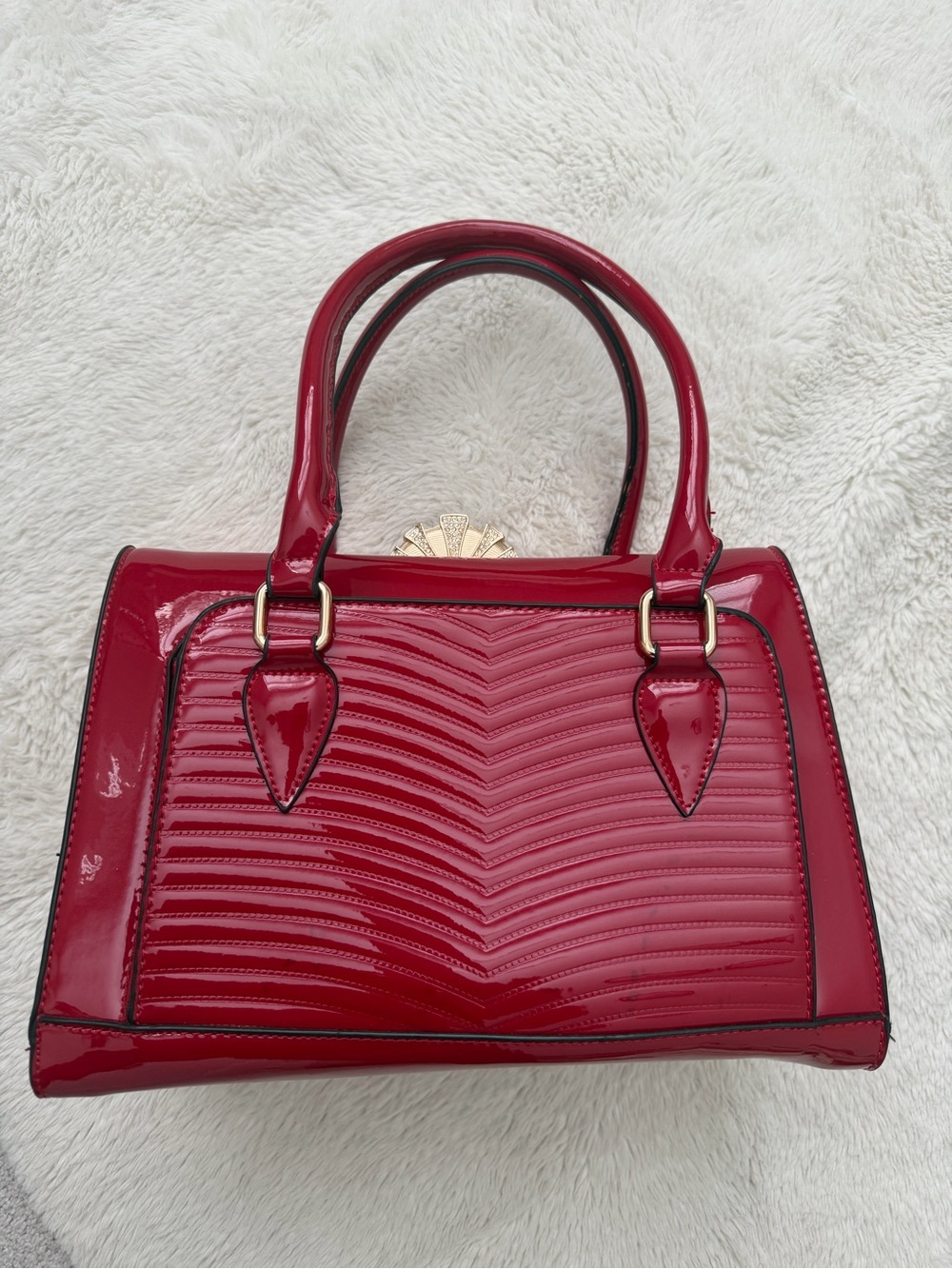 Patent Leather Red Top-Handle Bag with Gold Hardware